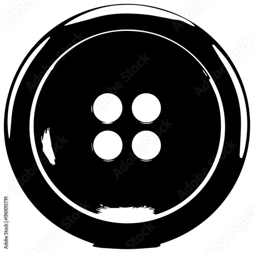 Simple black four hole clothing button icon with a glossy finish representing sewing tailoring fashion and craft supplies perfect for design projects and user interfaces