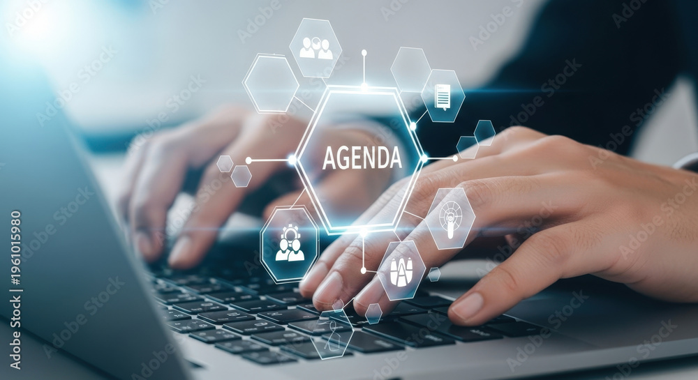 Naklejka premium Agenda Online Meeting Schedule Planning Management Conference Event Organization Businessman Typing Laptop Keyboard Webinar Digital Connection Remote