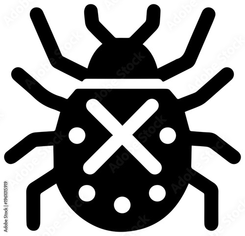 Black filled icon of a stylized insect or bug symbol with a white cross or x mark inside indicating prohibition deletion or eradication isolated on a clean white background