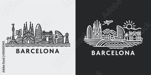 Barcelona City Skyline Modern Line Art Vector
