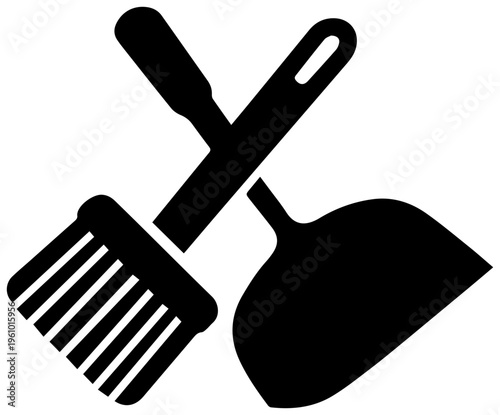 Simple black filled icon representing a dustpan and hand brush crossed over each other symbolizing cleaning tools and household chores isolated on a clean white background