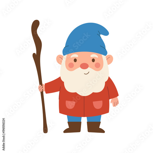 Cute gnome with walking stick in blue hat and red coat. Fairy tale dwarf character for prints