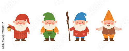 Set of cute garden gnome characters with lantern and walking stick. Funny dwarf helpers collection for kids decor and prints