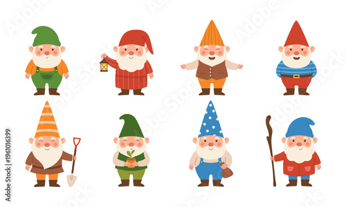 Set of cute garden gnomes characters with tools, lantern, shovel and plant. Fantasy dwarf helpers collection for kids decor and prints
