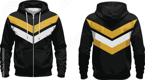 Black zip up hoodie jacket template with yellow and white chevron stripes front and back view isolated on white background for apparel mockup design