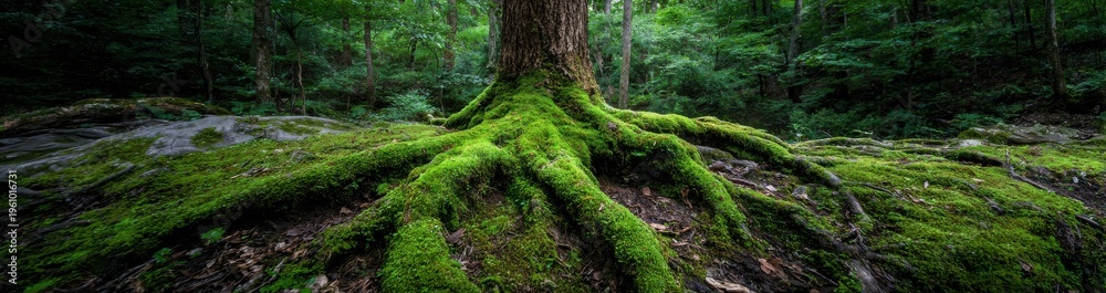 Obraz premium Majestic moss-covered ancient tree roots in lush green forest stream