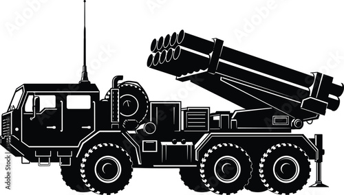 Military rocket launcher vehicle silhouette illustration, mobile artillery artwork, defense technology design concept, black and white vector template set