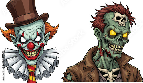 Spooky Halloween vector illustration set featuring a creepy evil clown with top hat and a terrifying undead zombie character isolated on white background.
