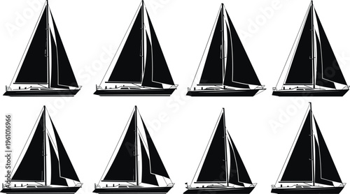 Black sailboat silhouettes set featuring various luxury yacht designs with large sails isolated on white background for nautical travel and maritime sport design projects.