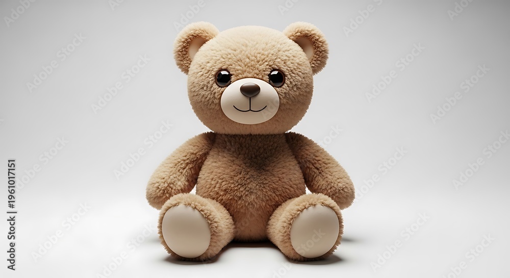 Obraz premium Cute fluffy teddy bear sitting on a plain white background, studio shot of a classic brown plush toy