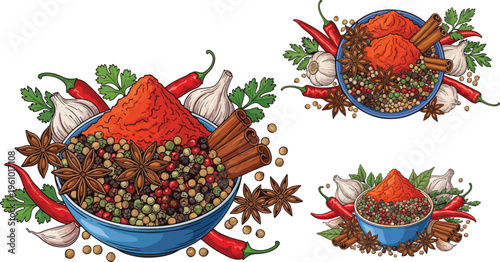 Vintage hand drawn spice bowl illustrations, aromatic culinary herbs and seasonings set, chili pepper and garlic vector graphics for menu design