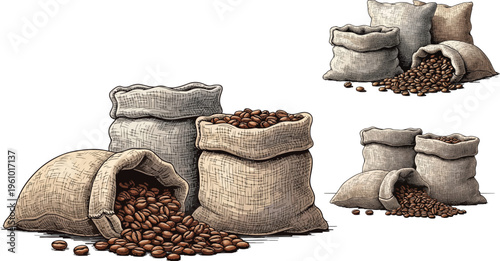 Vintage coffee beans in burlap sacks, rustic hand drawn roasted coffee bean collection, brown canvas bags of coffee for cafe branding and packaging