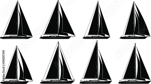 Collection of black sailboat silhouettes featuring various yacht designs with large sails isolated on white background for nautical travel and maritime sport design.