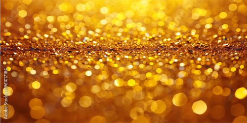 Golden bokeh light sparkles through water drops on glass, creating a festive holiday backdrop with shimmering yellow and orange glitter textures for a bright Christmas celebration design
