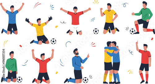 Soccer Player Celebration Set Featuring Football Athletes Cheering, Jumping, Hugging, and Winning Moments for Sports Victory and Championship Design Projects.