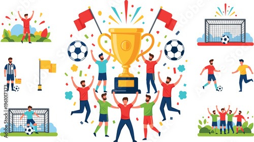 Soccer Celebration and Championship Vector Set Featuring Players, Trophy, Goal Scenes, and Winning Team Moments for Sports Event and Football Design Projects.