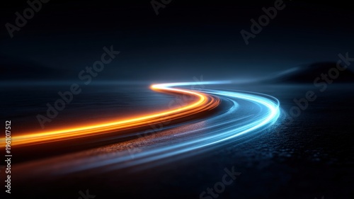 Dynamic Light Trails on Asphalt Road at Night: Futuristic Motion Blur and Speed Concept