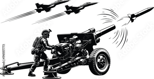 Professional military artillery cannon firing with soldier operator and fighter jets flying overhead in tactical combat vector silhouette illustration for defense projects.