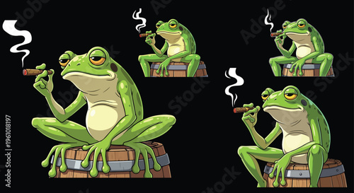 Cool frog smoking cigar character set, funny green toad sitting on wooden barrel, cartoon amphibian vector illustration on black background