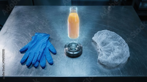 Wallpaper Mural A glowing bottle of juice sits between blue gloves and a hairnet on a metal lab table. Torontodigital.ca