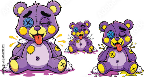 Creepy purple teddy bear vector set, gothic plush toy with button eyes and stitches, spooky cartoon character collection for Halloween