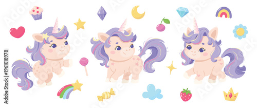 Set of magical, cute unicorn characters. Kawaii cartoon icons: rainbow, lollipop, crown, crystal, heart, star, moon and more