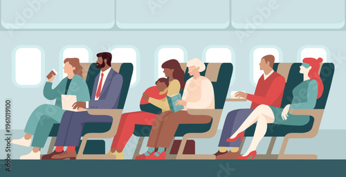 Diverse passengers traveling together in airplane cabin side view