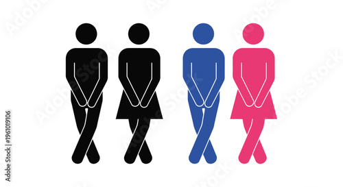 Urgent toilet need represented by male and female stick figures in a simple vector graphic design.