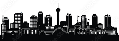 Flat vector illustration of city skyline silhouette with observation tower, skyscrapers, domes, bridge, modern and historic architecture, urban landscape
