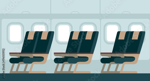 Airplane cabin interior side view with windows and empty passenger seats
