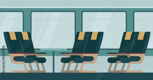 Train interior side view with windows and empty passenger seats railway transport