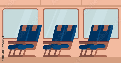 Bus interior side view with windows and empty passenger seats public transport