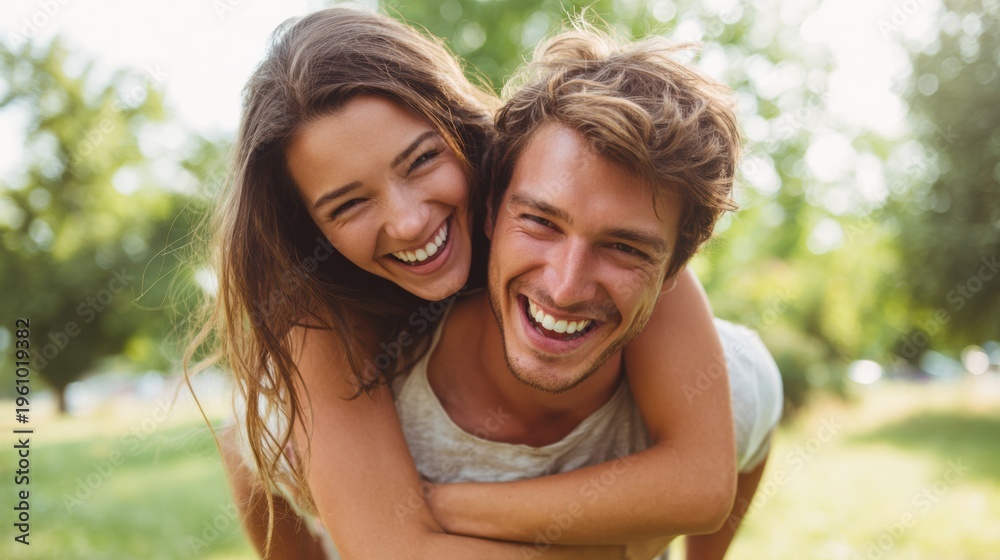 Fototapeta premium Lovely couple romantic moment. A man carrying a woman on his back in a park, both wearing white clothing. The background is slightly blurred, revealing lush green trees and a bright white sky.