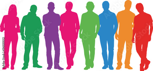 Flat vector illustration of diverse colorful human silhouettes standing together, representing unity, individuality, diversity, teamwork, community, social harmony