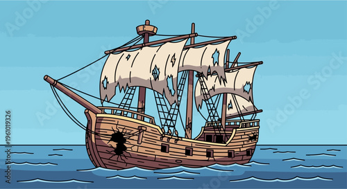Cartoon illustration of a damaged old wooden pirate ship with torn sails and a large hole in its hull, floating on the blue sea under a clear sky.