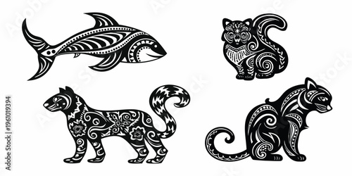 Stylized black and white illustrations of orcas and patterned felines