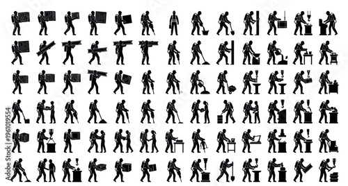 Exoskeleton Suit Workers Silhouettes Set Pack. Editable Vector Stroke Illustration. featuring exoskeleton, worker, silhouette, construction, heavy, lifting, industry, technology, future, robot more