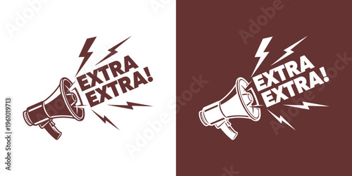 A vintage-style graphic featuring a megaphone emitting lightning bolts and the urgent text 'EXTRA EXTRA!' in two color variations, symbolizing news, announcements, and important information.