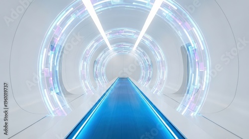 Wallpaper Mural Futuristic sci-fi corridor with glowing circular neon rings and a bright blue central walkway. Torontodigital.ca