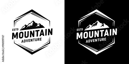 A black and white vintage-style hexagonal logo featuring a mountain range with the text 'ESTD MOUNTAIN ADVENTURE' for outdoor and travel branding.