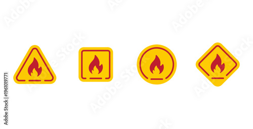 Set of four warning signs with flame icon, representing fire hazard, safety, and alert symbols