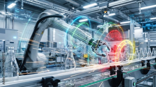 Wallpaper Mural Futuristic robotic arm working on a glass bottle production line with digital overlays. Torontodigital.ca