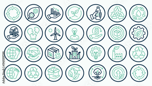 Sustainability and Ecology Circular Icon Set for Environmental Conservation