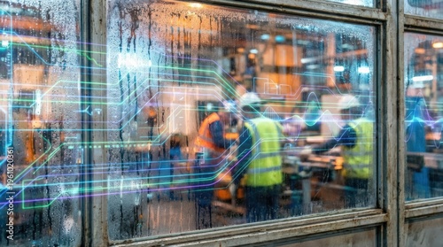 Wallpaper Mural Industrial workers in a smart factory seen through a window with digital data overlays. Torontodigital.ca