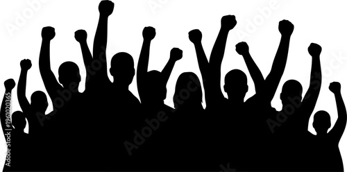 Crowd Cheering Silhouette Vector, Football Fans Group Raised Hands Stadium Atmosphere