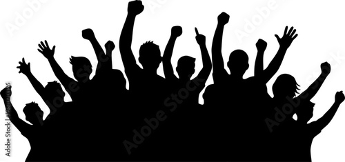 Cheering Crowd Silhouette with Raised Arms and Fists, Football Fans Vector Group