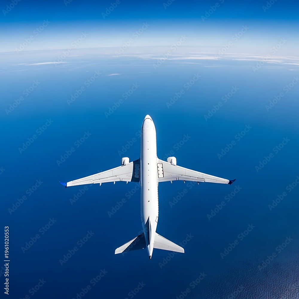 Naklejka premium Airplane flying high above the ocean, clear blue sky view.