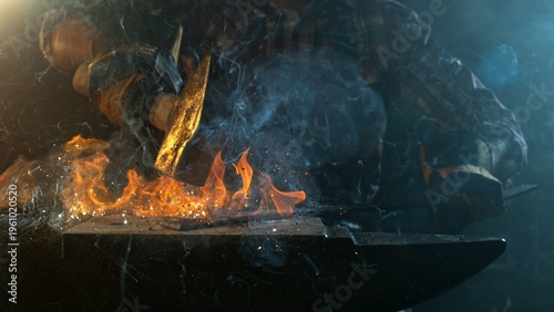 Close-up of blacksmith forging glowing hot iron on anvil with flying sparks