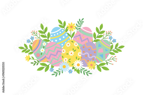 Vibrant easter egg wreath with floral accents and pastel colors