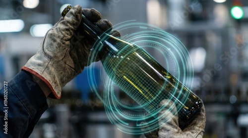 Wallpaper Mural Worker inspecting a glass bottle with digital data overlay in a smart factory environment. Torontodigital.ca